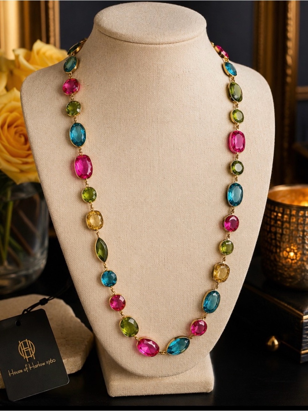 NWT House of Harlow 1960 Gold-Tone Multistone Necklace in Pink, Blue & Green